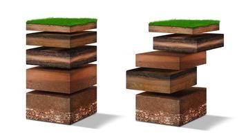 Isometric Soil Layers diagram, Cross section of green grass and underground soil layers beneath, stratum of organic, minerals, sand, clay, Isometric soil layers isolated on white photo