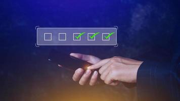Businessman tick correct sign mark for document approve , project acceptance and quality assurance concept, take an assessment, questionnaire, evaluation, online survey online exam check list photo