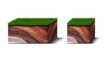 diagrama de capas de suelo isométricas, sección transversal de hierba verde y capas de suelo subterráneo debajo, estrato de orgánicos, minerales, arena, arcilla, capas de suelo isométricas aisladas en blanco foto