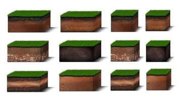diagrama de capas de suelo isométricas, sección transversal de hierba verde y capas de suelo subterráneo debajo, estrato de orgánicos, minerales, arena, arcilla, capas de suelo isométricas aisladas en blanco foto