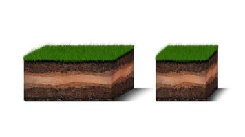 diagrama de capas de suelo isométricas, sección transversal de hierba verde y capas de suelo subterráneo debajo, estrato de orgánicos, minerales, arena, arcilla, capas de suelo isométricas aisladas en blanco foto