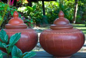 traditional clay jar used for water drink,Water jars of the ancient Thai temple in Thailand,thai art style photo