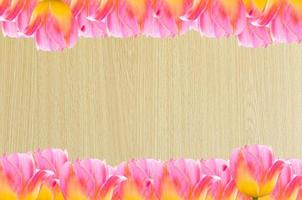 Tulips, frame  Fresh spring tulips flowers with space for text  on wooden background photo