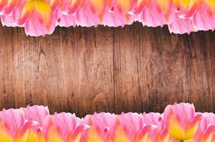 Tulips, frame  Fresh spring tulips flowers with space for text  on wooden background photo