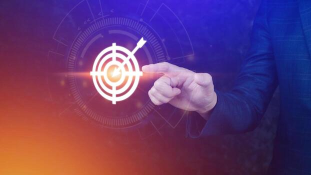 Businessman touching virtual dartboard with arrow ,Business Achievement objective target concept.for setup business objective target concept. photo