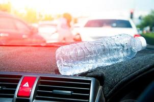 A plastic bottle of water in car for a long time.Water bottle placed on the car photo
