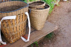 Bamboo basket of hill tribe,Woven bamboo basket bag with rope, tribal handmade photo
