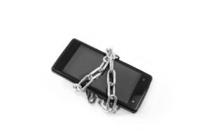 Personal data security and protection concept - metal chain link with on smartphone or smart phone on white background,Lock smart phone,Information security photo