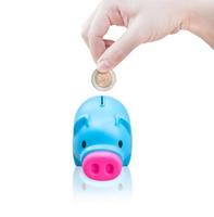 women young hand putting money coin into saving pig, finance theme,Isolated on white background photo