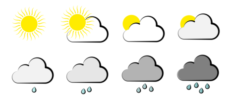 Weather and meteorology icon set. Sun, clouds, rain symbol Isolated png