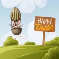 Easter landscape. The bunny is flying in an egg-shaped balloon. Willow branches. Vector illustration in cartoon style. For banner, postcard, kids book