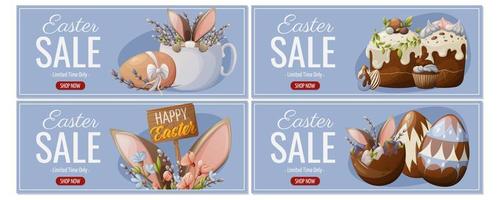 Set of Holiday Sale Flyers for Happy Easter. Festive attributes, bunny in a cup, cakes and cupcakes, spring flowers and willow branches, eggs. Vector illustration for poster, banner, website.