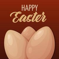 Natural colored eggs on a red square background with happy easter text. Vector illustration for religious spring holiday. For banner, poster