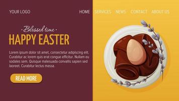 Web page design for Happy Easter. The egg lies on a towel in a plate, willow twigs. Vector illustration, template for poster, banner, website.