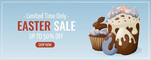 Easter sale. Traditional pastries decorated with icing and chocolate bunny, painted eggs. Vector illustration for the spring holiday. Horizontal banner, flyer, poster