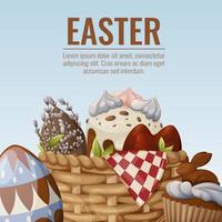 Easter basket with traditional cakes, willow branches and red eggs. Square background with place for text. Vector illustration for spring religious holiday. For banner, poster, postcard