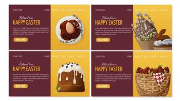 Set of web page designs for happy easter. Festive traditional cake and cupcake with a bunny, a wicker basket with red eggs, willow twigs. Vector illustration, template for poster, banner, website.