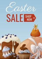 Easter sale. Chicken sits on an egg with a bow, traditional pastries, cake and cupcake, willow twigs. Vector illustration for the spring holiday. For banner, poster, flyer