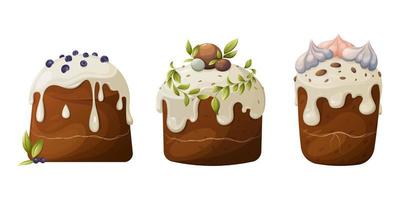 A set of Easter cakes with white icing, decorated with blueberries, leaves and meringue. Vector illustration of baking for the spring holiday on an isolated background.