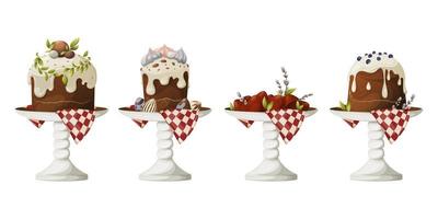 A set of plates on a stand with Easter food. Cakes decorated with white icing, red eggs, willow twigs. Vector illustration for the spring religious holiday on an isolated background.