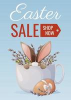 Easter sale. A bunny sits in a cup, an egg with a bow, willow twigs. Vector illustration for the spring holiday. For banner, poster, flyer