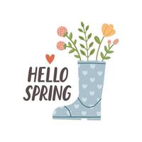 Hola primavera. linda lluvia botas con flores plantas. mano dibujado primavera imprimir, tarjeta, póster. mano escrito texto, letras vector