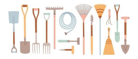 Set of gardening items in hand drawn style. Agricultural and garden tools for spring work. Vector isolated on white