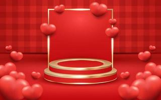 Red Checkered Valentine's Day Background with Podium and Golden Light vector
