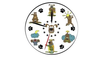 Dog clock face background. One hour in one minute. Clock with illustrations of funny dogs instead of a dial. video