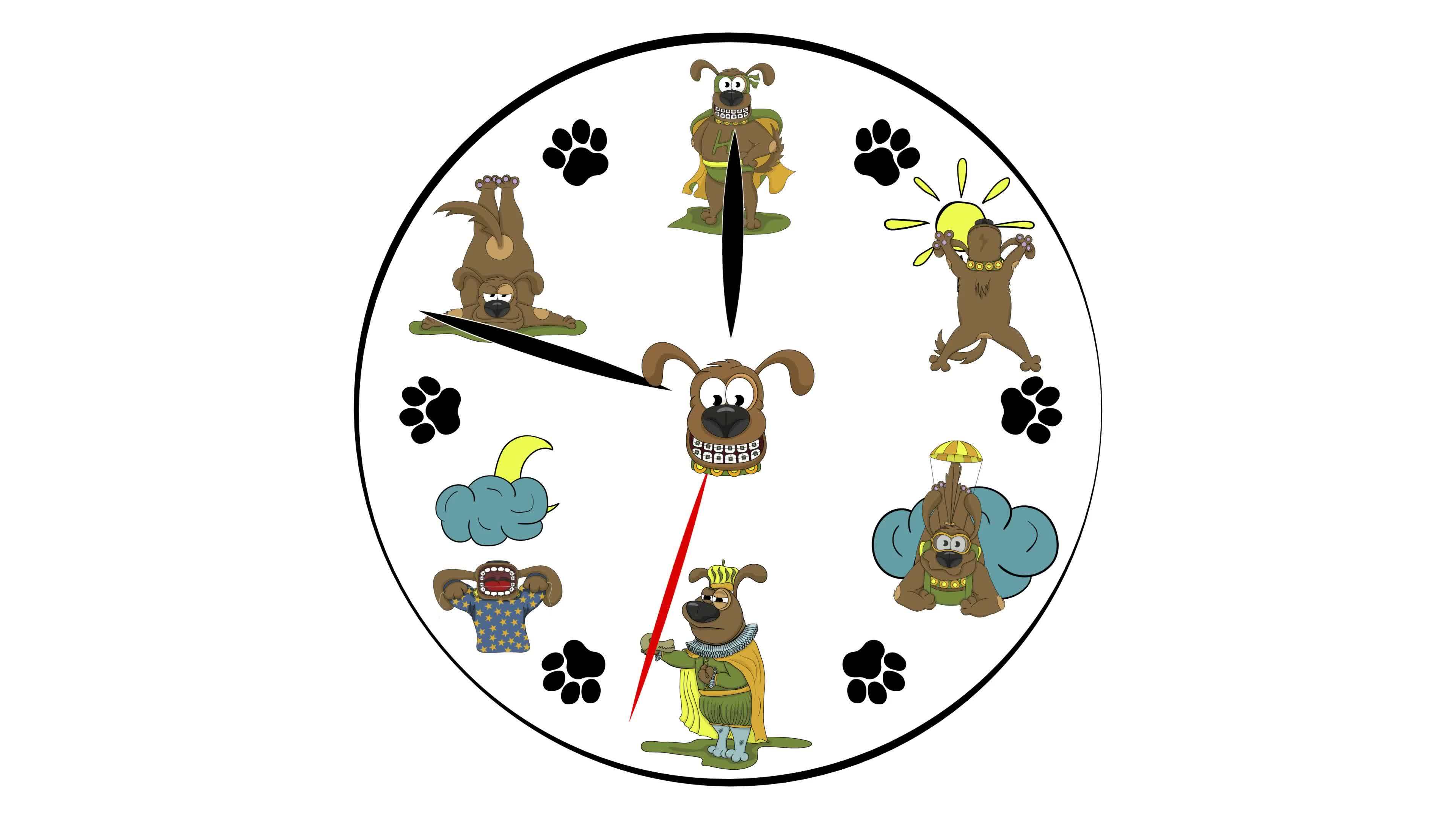 Dog clock face background. One hour in one minute. Clock with illustrations of funny dogs
