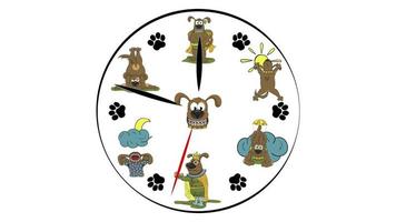 Dog clock face background. One hour in one minute. Clock with illustrations of funny dogs instead of a dial. video