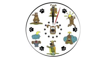 Dogs clock face background. One minute. Clock with illustrations of funny dogs instead of a dial. video