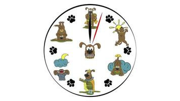 perros reloj cara antecedentes. uno minuto. reloj con ilustraciones de gracioso perros en lugar de un marcar. video