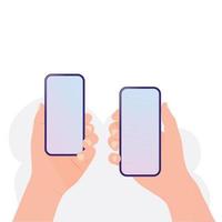 Holding phone in two hands. Empty screen, phone mockup. Editable smartphone template vector illustration on isolated background.