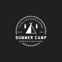 Camp and pine tree for hipster adventure logo design vector graphic