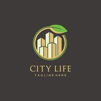 Green city building logo design. Symbol icon of residential, apartment and city landscape. Gold color vector