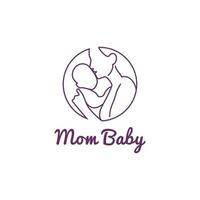 Mother holding newborn baby in arms, mom hugs her child line art logo design template vector