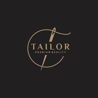 Tailor's vector logo design. Needle gold color. Textile emblem. Clothes label.