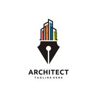 edificio con bolígrafo, arquitecto real logo diseño icono vector inspiración