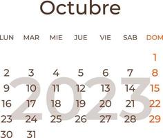 calendario mes octubre en Español 2023. vector