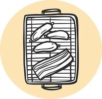 Grill with sausages and meat icon. vector