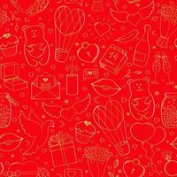 Happy Valentine's Day. Funny seamless pattern of vector hand drawn elements, red and gold.