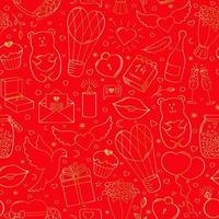 Happy Valentine's Day. Funny seamless pattern of vector hand drawn elements, red and gold.