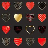 Set of 16 elegant gold, red and black hearts on a dark gray background vector