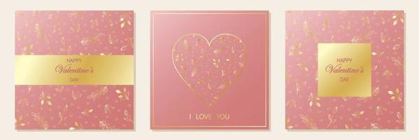 Happy Valentine's Day. Set of greeting cards. Pink square background with hearts and gold floral ornament. vector