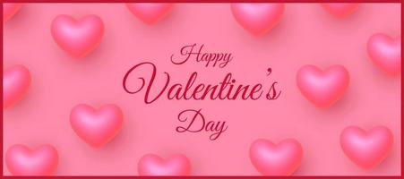 contento San Valentín día saludo tarjeta. 3d rosado corazones en rosado antecedentes. vector