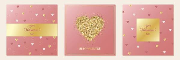 Happy Valentine's Day. Set of greeting cards. Pink square background with hearts and gold ornaments. vector