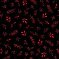 Bright seamless pattern with red flowers, berries and leaves on a black background vector