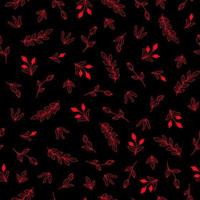 Bright seamless pattern with red flowers, berries and leaves on a black background vector