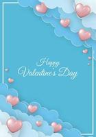 Valentine's Day greeting card. Paper clouds and pink 3d hearts on blue background. vector